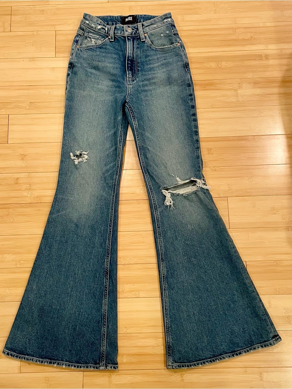 PAIGE High-Rise Flare Jeans in Medium Blue with Distressed Knees - Picture 2 of 7